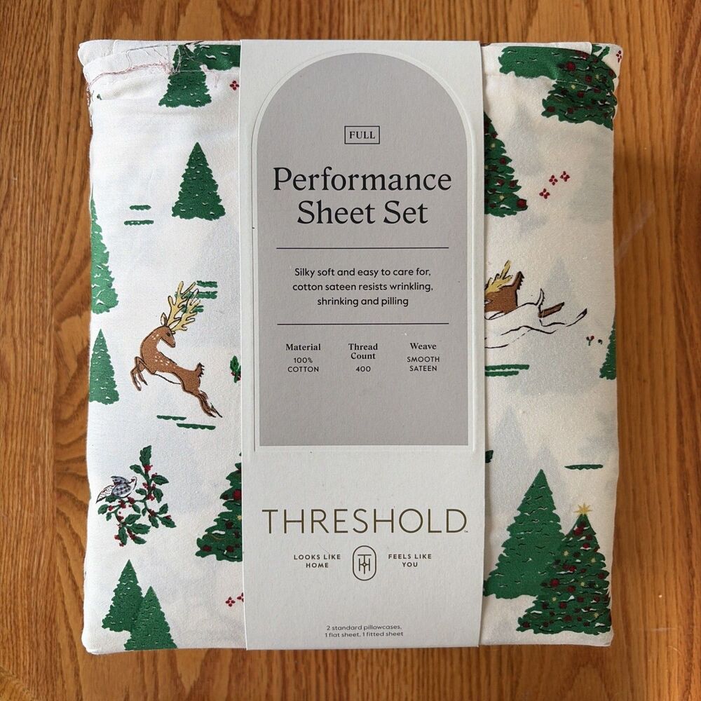Threshold FULL 400Thread Count Performance Holiday Sheet Set Green Holly COTTON